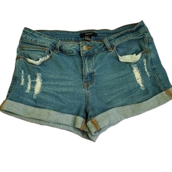 Forever 21 womens blue denim shorts size US 29 distressed pockets zip button - Picture 4 of 7